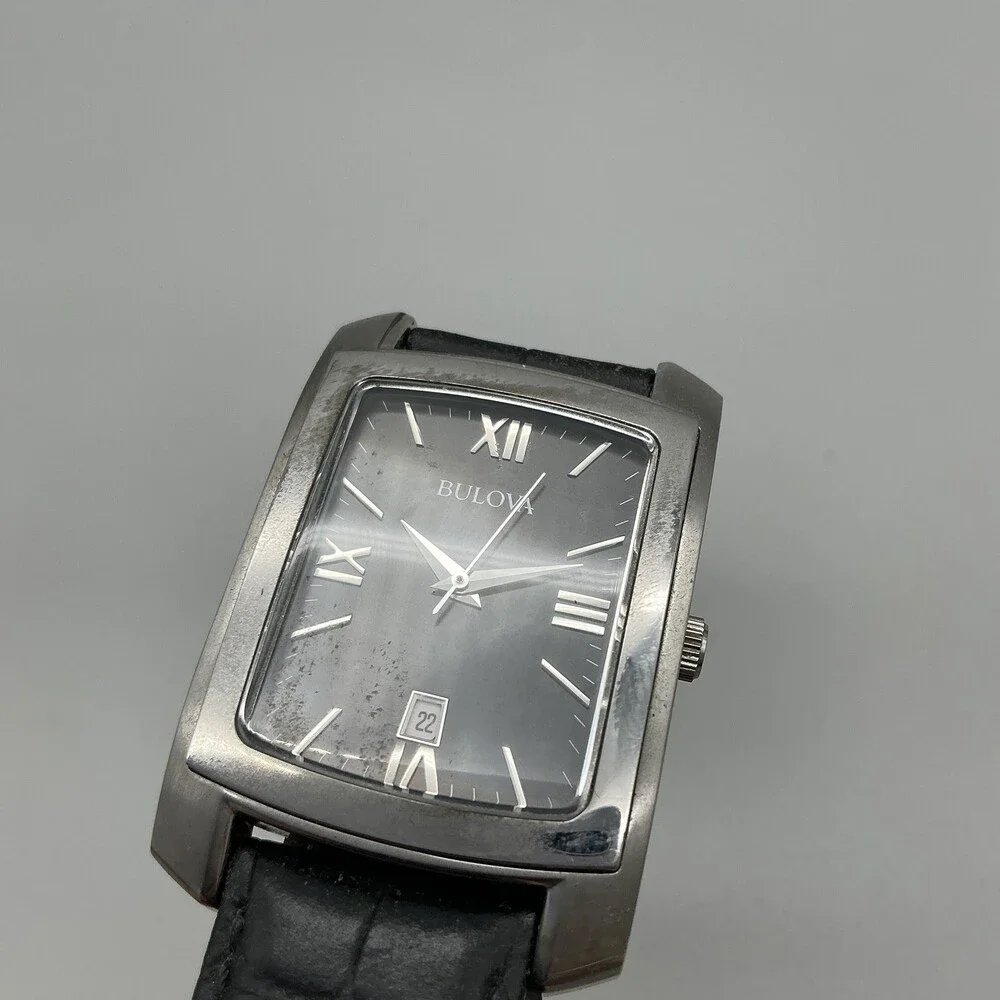 Bulova 96B269 Mens Watch 31mm Tank Silver Tone Black Leather New Battery